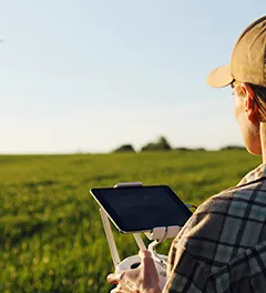 Close up of rear of Caucasian woman farmer in hat standing in green wheat field and controlling of drone which flying above margin.